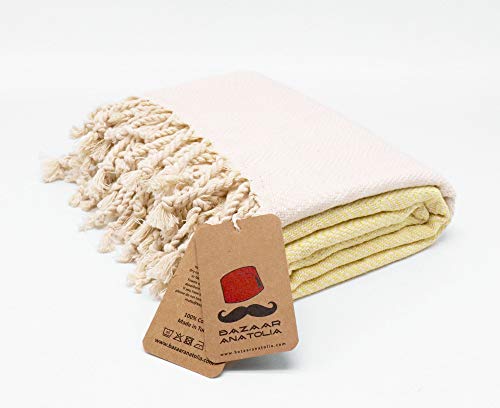 Bazaar Anatolia Herringbone Turkish Towel 100% Cotton Peshtemal Bath Towel 77X38 Thin Lightweight Travel Camping Bath Sauna Beach Gym Pool Blanket Fouta Quick Dry Towels (Yellow) #TOP7