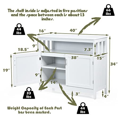 Loko Buffet Cabinet With Storage, Bar Cabinet With Five-Position Adjustable Shelf, Wine Cabinet Sideboard Console Table, 40 X 16 X 34 Inches (White) #TOP2