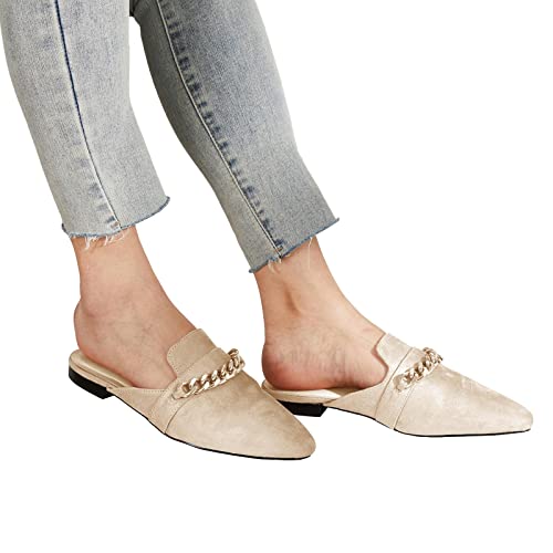 Coutgo Women's Flat Mules Metal Chain Closed Pointed Toe Backless Slip On Slides Loafer Shoes Beige Suede #TOP3