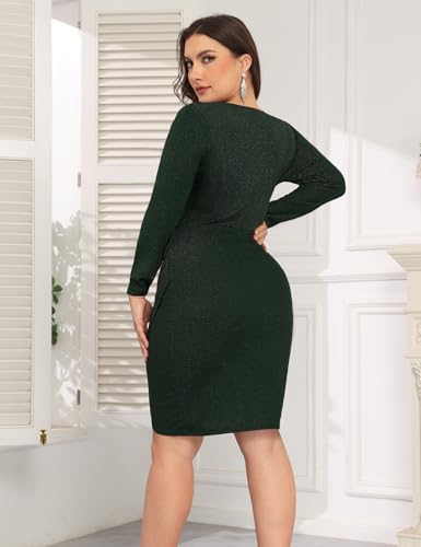 Image of CYCLAMEN 1X-4X Plus Size Sparkle Glitter Ruched Bodycon Mini Wrap Dress Sparkly Sequin Dresses Ruffle Sleeve Party Cocktail