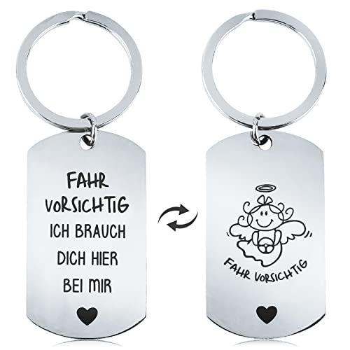 Schlüsselanhänger Fahr Vorsichtig mit doppelseitiger Gravur Schutzengel Glücksbringer Metall mit Geschenkbox Geschenke für Autofahrer Fahranfänger Führerschein zu Weihnachten Valentinstag Frau Damen Cover