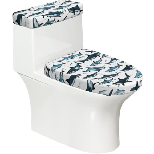 Shark Pattern With Various Gestures Stretch Toilet Lid Cover And