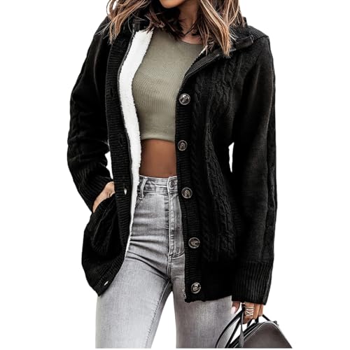 Sidefeel Women's Cardigan Hooded Fleece Lined Jackets Winter Cable Knit Sweater Coat Medium Black