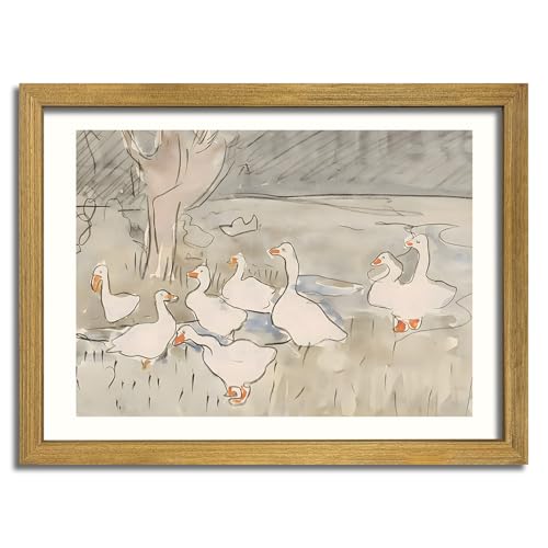 Vintage Framed Goose Wall Art Watercolor Print, Rustic Farm Duck