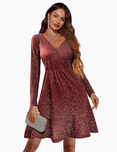 Image of Zeagoo Womens Glitter Dress Wrap V Neck Long Sleeve Swing Club Cocktail Party Dresses Sequin Sparkle Dress Christmas Dress