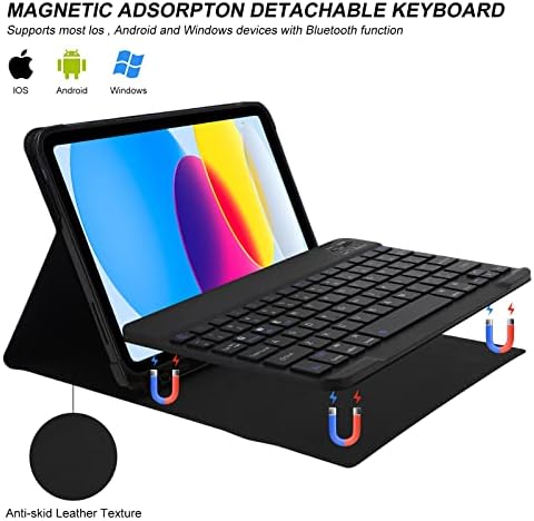 iPad 10th Generation Case with Keyboard (10.9", 2022),iPad Keyboard Case for 10.9" 10th Gen, Detachable - Pencil Holder - Flip Stand Cover - Keyboard Case for iPad 10th Gen 10.9 inch 2022, Black