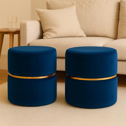 Image of Wooden Puffy Stool for Living Room Round Footstool - Ottoman Stool for Living Room Furniture Round Ottoman - Sitting Pouffe Ottoman Stool /Room Dcor /Office Stool - (Set of 2 Blue)