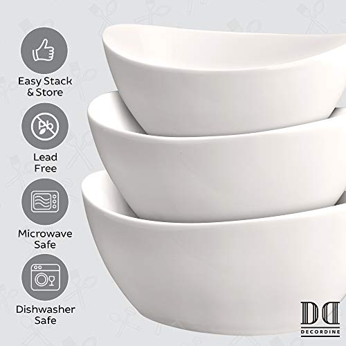 3 Piece Serving Bowl Set – Elegant White Porcelain Salad Bowls For Fruit, Salad, Pasta And Soup - Food Server Display Dishes For Party Or Display - 24 Oz. 34 Oz. And 44 Oz. - By Décordine #TOP4