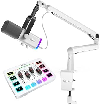 FIFINE Streaming Audio Mixer & Microphone Set, PC Gaming Microphone with XLR Interface, 4-Channel RGB Mixer with 48V Phantom Power, Low Profile Mic Arm for Recording-AM8W+SC3W+BM88W