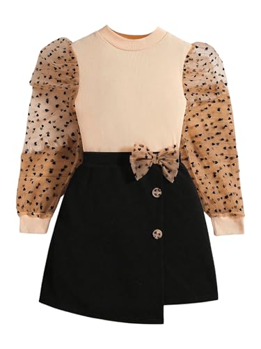 Image of Floerns Girl's 2 Piece Outfit Heart Mesh Puff Long Sleeve Top A Line Bow Short Skirt Set Khaki Multi 10Y