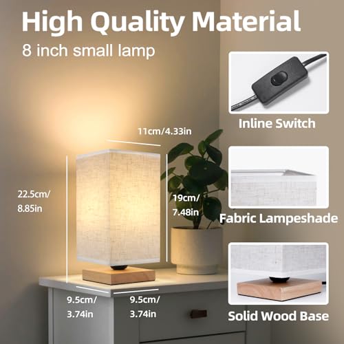 Image of Small Square Bedside Table Lamp for Bedroom, Minimalist Wood Base & Round Fabric Shade, Mini Cute Cozy Warm Nightstand Boho Lamp, Study Desk Night Stand Light for Room, Dorm, Nursery, Living Room