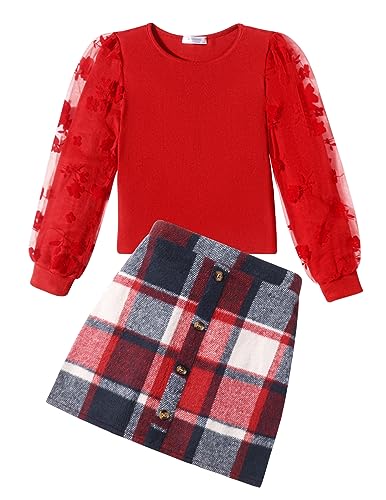 Image of Arshiner Girls Clothing Sets Elegant Long Sleeve Tops with Plaid Skirt Set Kids Autumn Winter Casual Fashion Outfits for Girls 12-13 Years