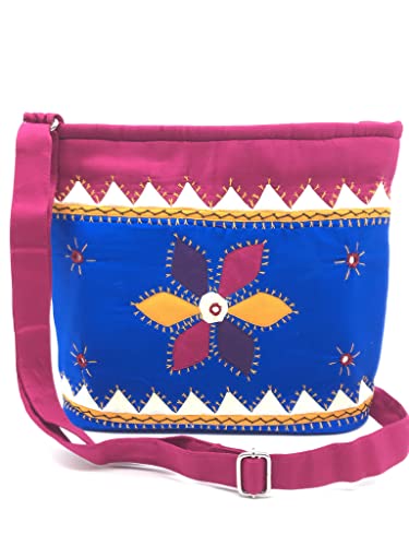 SriAoG Handicrafts - Bolso de hombro bordado tradicional para mujer, algodón hecho a mano, Banjara, bolso azul, Medium