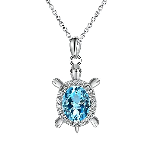 Collier tortue femme argent 925 pendentif zircon bleu 45cm