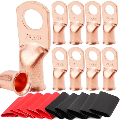 Image of TKDMR 2 AWG-3 /8 inch Battery Lugs - Copper Wire UL Listed Heavy Duty Cable Ends, Tubular Ring Terminals, Crimp Connectors With 3:1 Heat Shrink Tubing