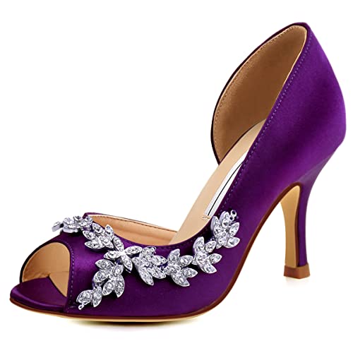 Image of ELEGANTPARK Peep Toe Heels for Women, Satin Rhinestones Dress Wedding Shoes
