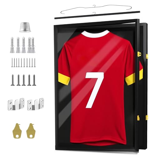 Fußballtrikot-Rahmen-Display, 600 mm × 800 mm, Holz und Acryl, Fußballtrikot-Rahmen-Set für Erwachsene, Standard-Sport-Shirt, Rugby-Shirt, Band-T-Shirt, Schwarz