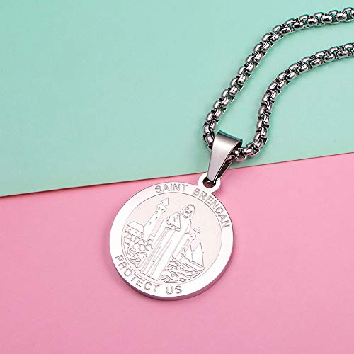 Wolentty Saint Brendan Necklace - 1" Stainless Steel Catholic St. Brendan Medal Pendant with 24" Chain2