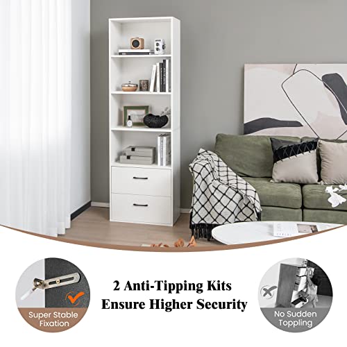 Giantex 74" Tall 4-Tier Bookcase With Drawers - Freestanding White Narrow Bookcase With Anti-Tipping Kits, Wood Open Storage Display Cabinet, 4-Cube Bookshelf For Living Room, Bedroom, Office #TOP5