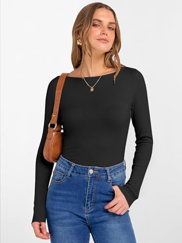 ANRABESS Women's Boat Neck Long Sleeve Shirts Rib Knit Slim Fitting Tops Basic Tees 2025 Casual Comfy Fall Outfits Clothes2
