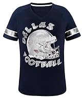 A large sparkle helmet printed on the front Silver foil printed stripes on the ragan sleeves V neck Size: small to plus 4x Short sleeves