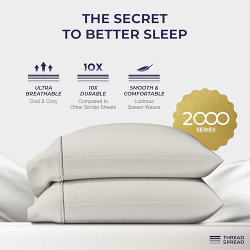 Image of THREAD SPREAD 100% Egyptian Cotton Pillow Cases Queen Size Set of 2 - Luxury 2000 Series Queen Pillow Cases (21 inch x 32 inch, Light Grey), Soft Cooling Envelope Closure Hotel Egyptian Cotton Pillowcases
