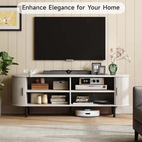 Image of ONBRILL 63 inch TV Stand with Power Outlet for TVs up to 70 Inch, Entertainment Center with Storage and Adjustable Shelves, Modern Media Console with Sliding Doors for Living Room, Natural White