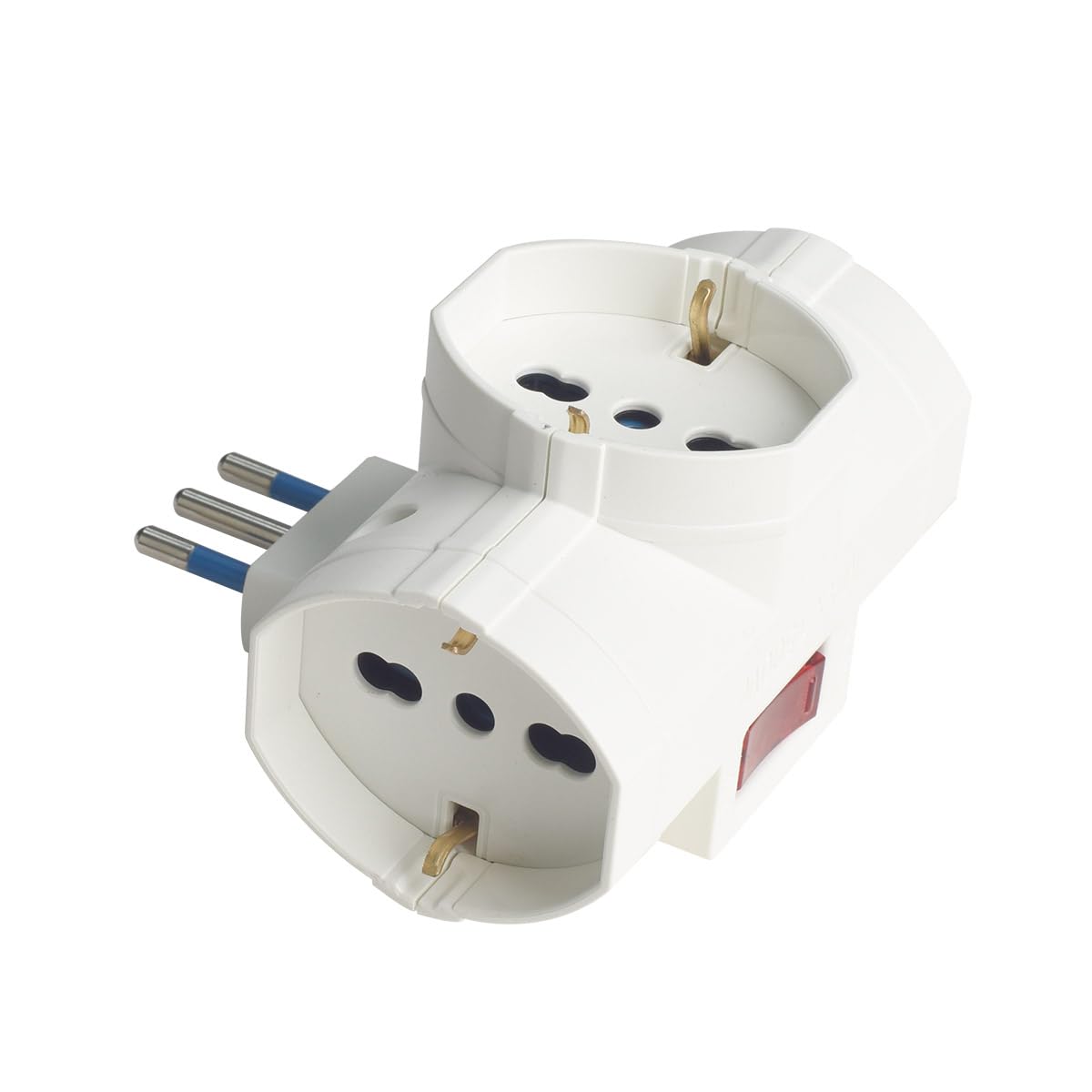 10 Pezzi Adattatore Triplo Multiprese con Interruttore, Spina Piccolo 10A, 3 Prese Universali 10A/16A Schuko/Bipasso, Spina 90° Spessore 6.8cm