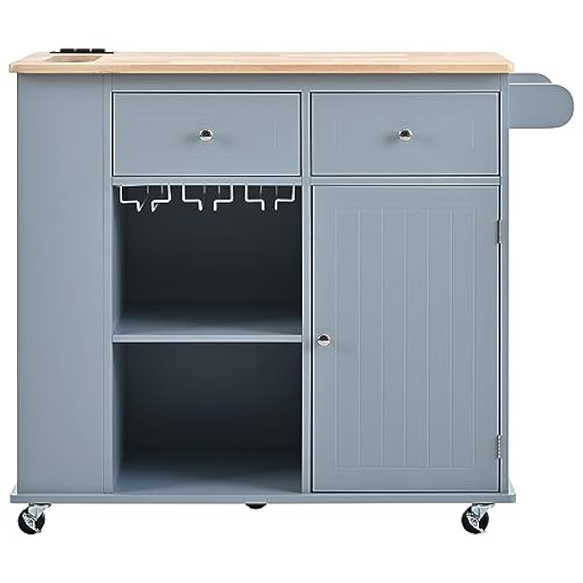 Versatile Kitchen Island for Enhanced Living, Convenient Power Outlet, Drop Leaf Design with Open Storage and Wine Rack, Grey Blue-6LZhObFS