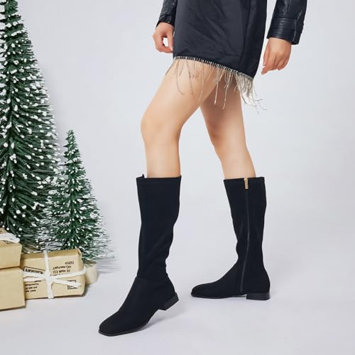Image of GENSHUO Knee High Boots for Women Comfy Flat Heel Vintage Square Toe Fall Winter Solid Side Zipper Costume Knight Booties