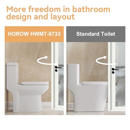 HOROW HWMT-8733 Small Compact One Piece Toilet For Bathroom, Powerful & Quiet Dual Flush Modern Toilet, 12'' Rough-In Toilet & Soft Closing Seat Include, 25"D x 13.4"W x 28.4"H, White