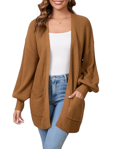 SPR&JOY Women’s Lantern Sleeve Cardigan Sweaters, Drop Shoulder Open Front Knit Tops, Solid Loose Outwear Coats with Pockets