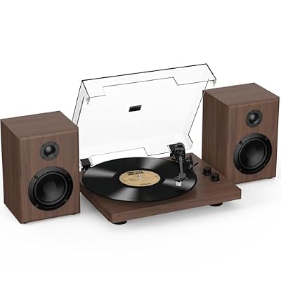 RetroAudio Vinyl Record Player with 24W Bookshelf Speakers, HiFi System Turntable for Viny Records, Vintage Vinyl Player with Magnetic Cartridge, BT in&Out, RCA Out, Auto Stop, 33/45RPM (Brown)