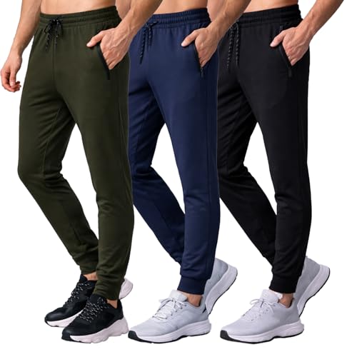 SUGARNO Men's Jogger Sweatpants with Zipper Pockets Track Joggers Sweat Pants for Workout,Gym,Running 3 Packs(X-Large)