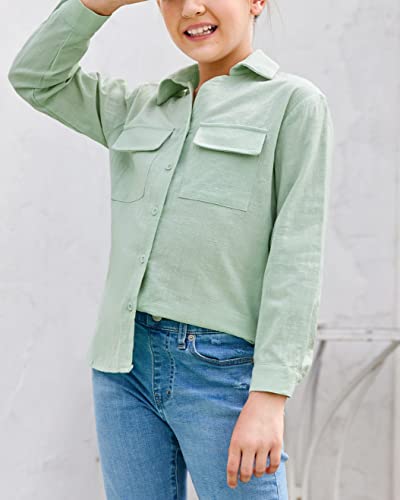 Imesrun Girls Button Down Shirts Long Sleeve Casual Solid V Neck Blouses Tops With Pockets Green #TOP1