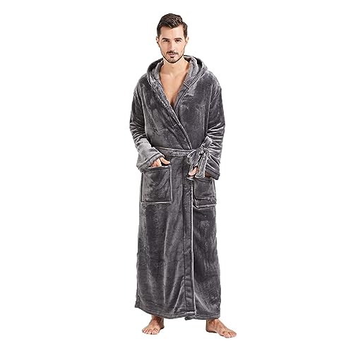 Image of FashGudim Mens Robes Big and Tall with Hood Two-Tone Flannel Fleece Contrast Bathrobe Full Length Plush Long Robe House Coat