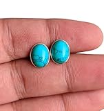 Sterling Silver Genuine Turquoise Gemstone Oval Shape Birthstone Handmade Women Stud Earrings Jewelry