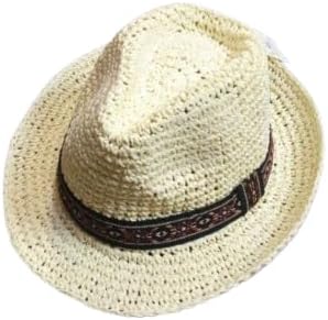 Chapéu Panamá de Crochê Unissex, Aba Curta Malandrinho, Bege, com Faixa Étnica Decorativa, Estilo Casual Elegante