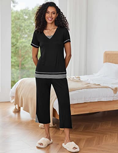 Ekouaer Winter Pajamas For Women Warm Short Sleeve Pjs Sets Sleepwear Soft Two Piece Loungewear Sets Women's Striped Pj Pajama Summer Cozy 2 Piece Sleepwear Set (Black,S) #TOP1