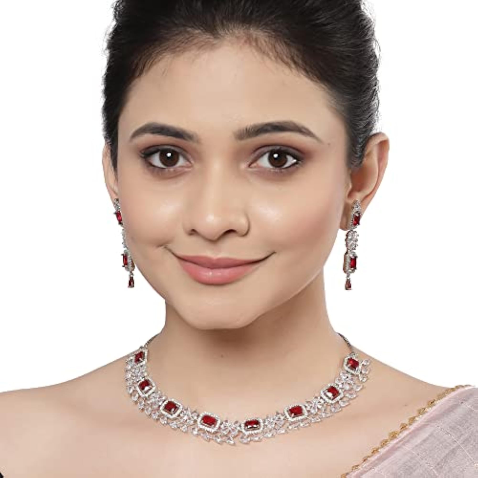 Rhodium-Plated American Diamond Necklace and Earrings Set