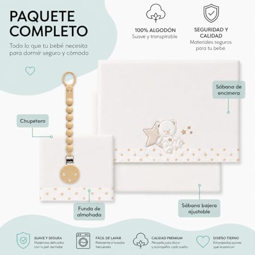 Drap plat bébé 100% coton beige et taie d'oreiller 60x120 - 2