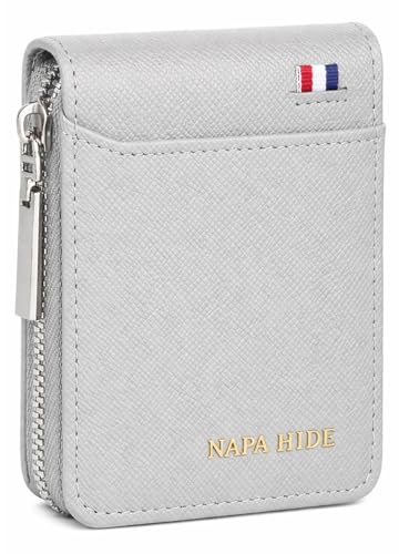 Image of NAPA HIDE Slim Zipper Card Holder Wallet for Men & Women | RFID Blocking Accordion Credit Card Case | Compact Cash & Card Organizer with Smooth Metal Zip (L.Grey)
