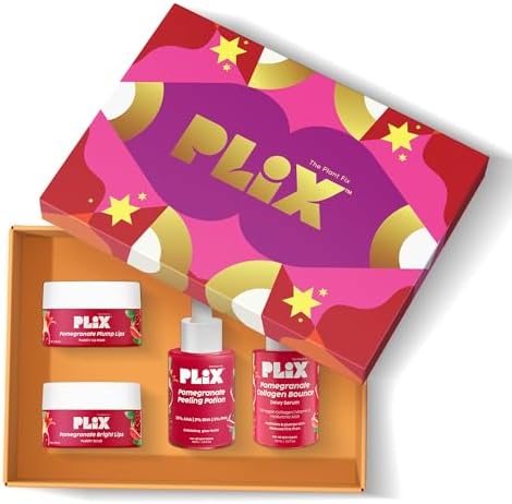 PLIX - THE PLANT FIX Pomegranate Luxe Skin Secrets Gift Box | Festive Gift Set with Lip Scrub, Lip Mask, Peeling Potion and Collagen Bounce Serum | For Him & Her | Limited Edition Gift Box