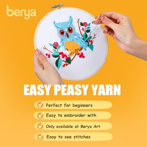 Image of BERYA Owl Embroidery Kit, Embroidery Kit for Adult, Owl Pattern Practice Kit, Including Video Step by Step Instructions, Embroidery Hoop, Cloth, Needles and Thread for DIY Craft Lover (BEO011)