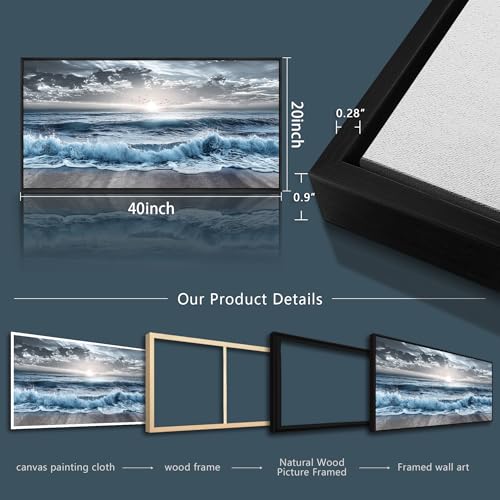 ERQINHUA Wall Decor For Bedroom Dining room Wall Art For Living Room Office Decor Blue Beach Sea Wave Paintings Sunrise Ocean Seascape Wall Pictures Canvas Artwork Home Decor Black Framed 20x40 In