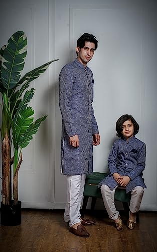 Image of Amzira Men's Soft Cotton Indo Western Kurta Pyjama Set with Mandarin Collared Neck Long Sleeves Button Closure and Solid Pant