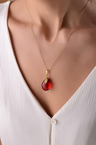 Amberistan Red Amber Pendant Necklace With Gold Plated 18Inch 925 Sterling Silver Chain And Leaf, 0.8X0.6 Inch Puff Drop Red Amber Pendant Necklace For Women, Amber Stone Jewelry, Handmade (Red Puff) #TOP1