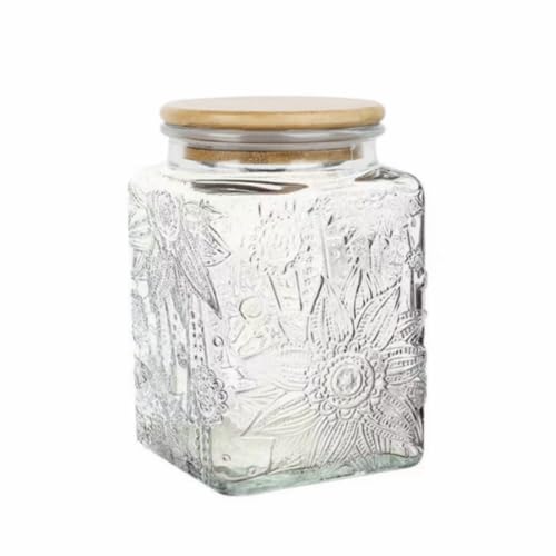 Image of ANSQU Square Glass Jar with Lid, 25.3oz Vintage Coffee Canister | Glass Food Storage Container for Ground Coffee, Tea, Sugar, Candy, Decorative Glass Jar, Cute Jar