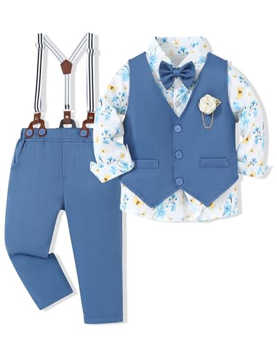 WESIDOM Toddler Boy Clothes Suit Formal Dress Shirt+Bowtie+Vest+Boutonniere+Suspender Pants Boys Gentleman Outfits Set