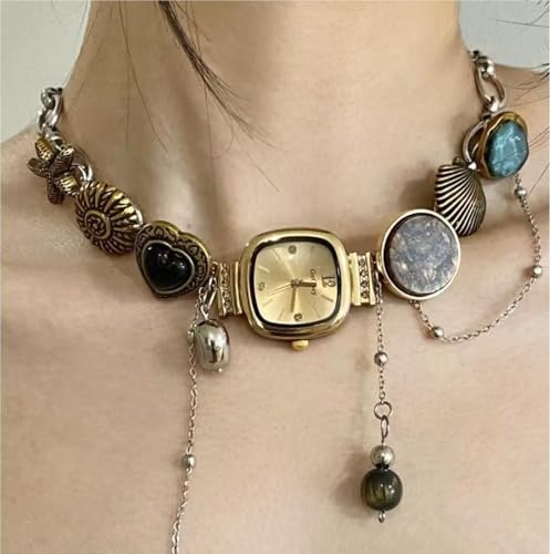 Vintage Watch Necklace with Gemstones, Seashell Charm, Gold-tone and Silver-tone Chain, Decorative Pendants4